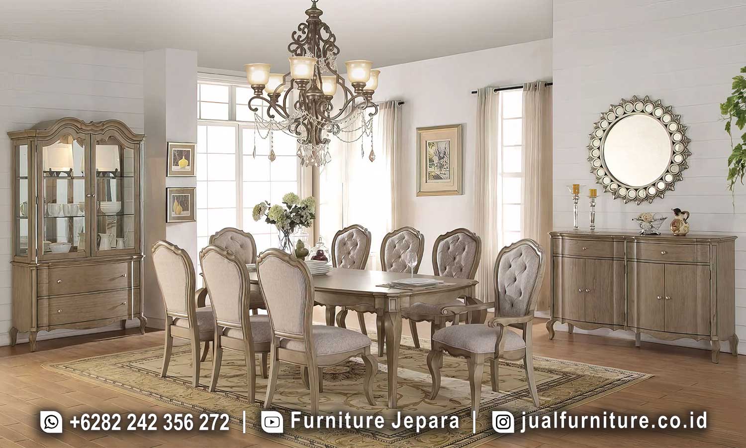 Set meja makan mewah French Provincial FS1469 lengkap dengan meja kaki cabriolet berukir, 6 kursi oval medallion tufting abu, 2 armchair, china cabinet 2 pintu kaca, dan sideboard 4 pintu taupe wood.