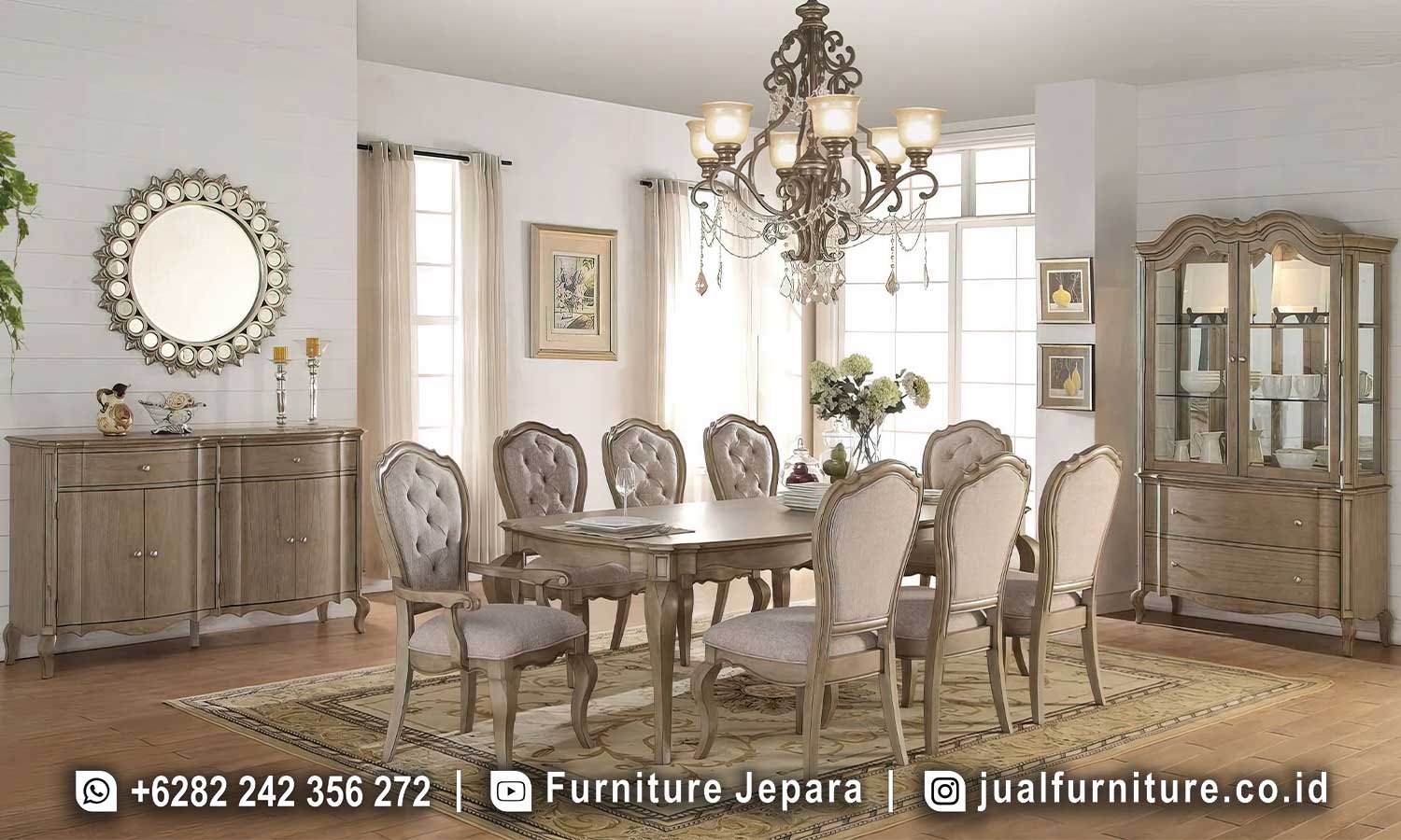 Meja Makan Mewah French Provincial Taupe Wood Terbaru FS1469