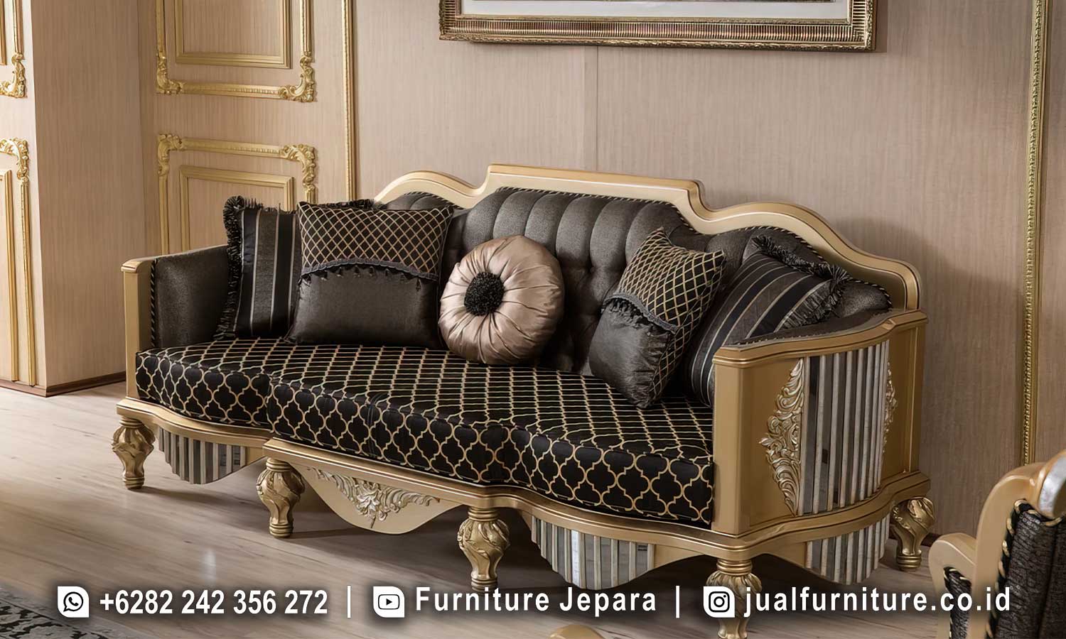 Rekomendasi Set Sofa Tamu Mewah Klasik Abu Emas FS1486