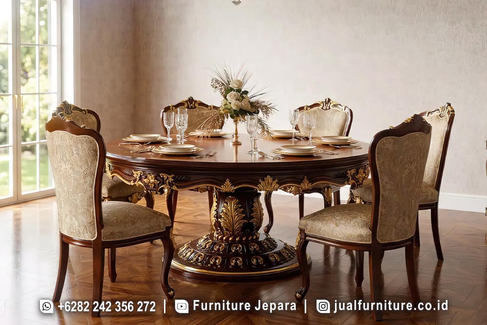 Set Meja Makan Mewah Bundar Klasik Ukiran Salak Tua FS1519