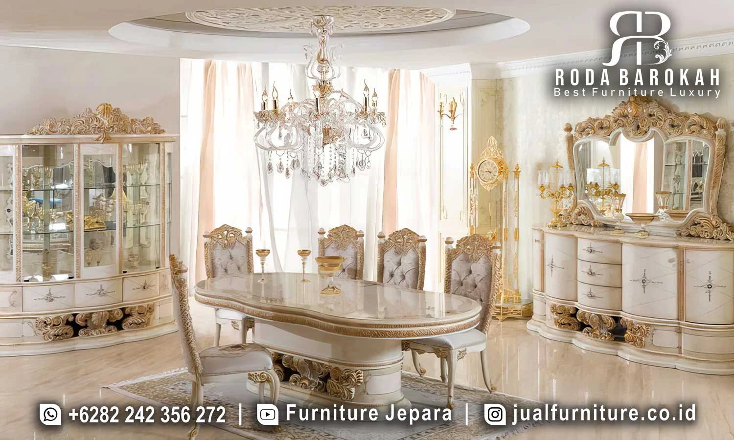 Set Meja Makan Mewah Elegan Ivory Gaya Eropa FS1460