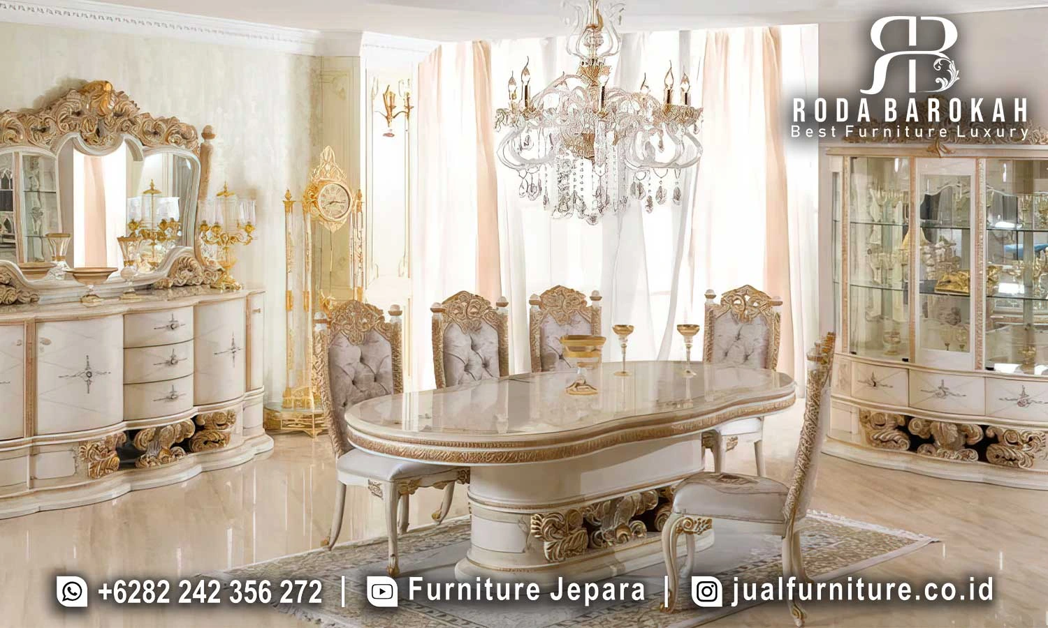 Set Meja Makan Mewah Elegan Ivory Gaya Eropa FS1460