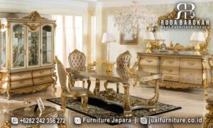 Set Meja Makan Mewah Elegan Kombinasi Warna Gold FS1459