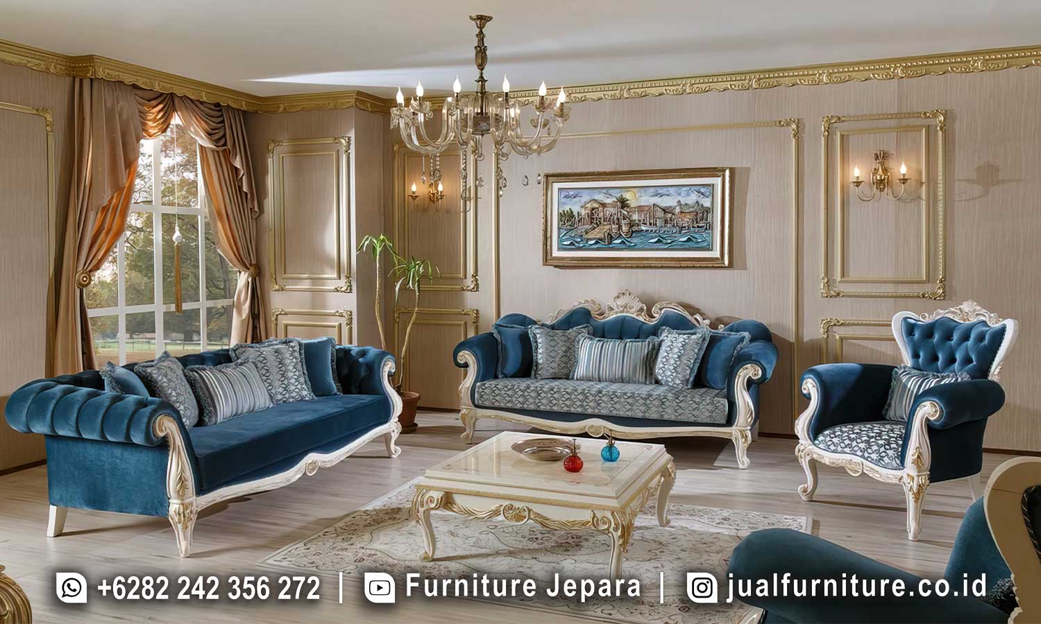 Set sofa tamu mewah biru klasik FS1485 lengkap dengan sofa 3 dudukan, sofa 2 dudukan, single chair beludru navy tufting, dan meja tamu ukir top marmer putih gold.