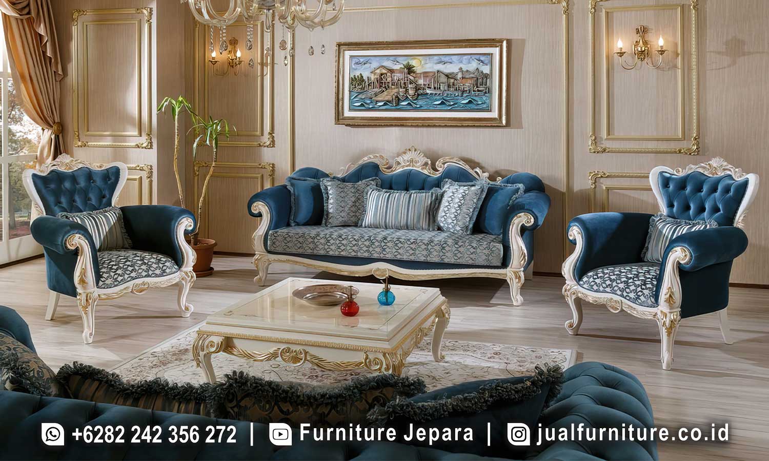 Set Sofa Tamu Mewah Biru Klasik FS1485