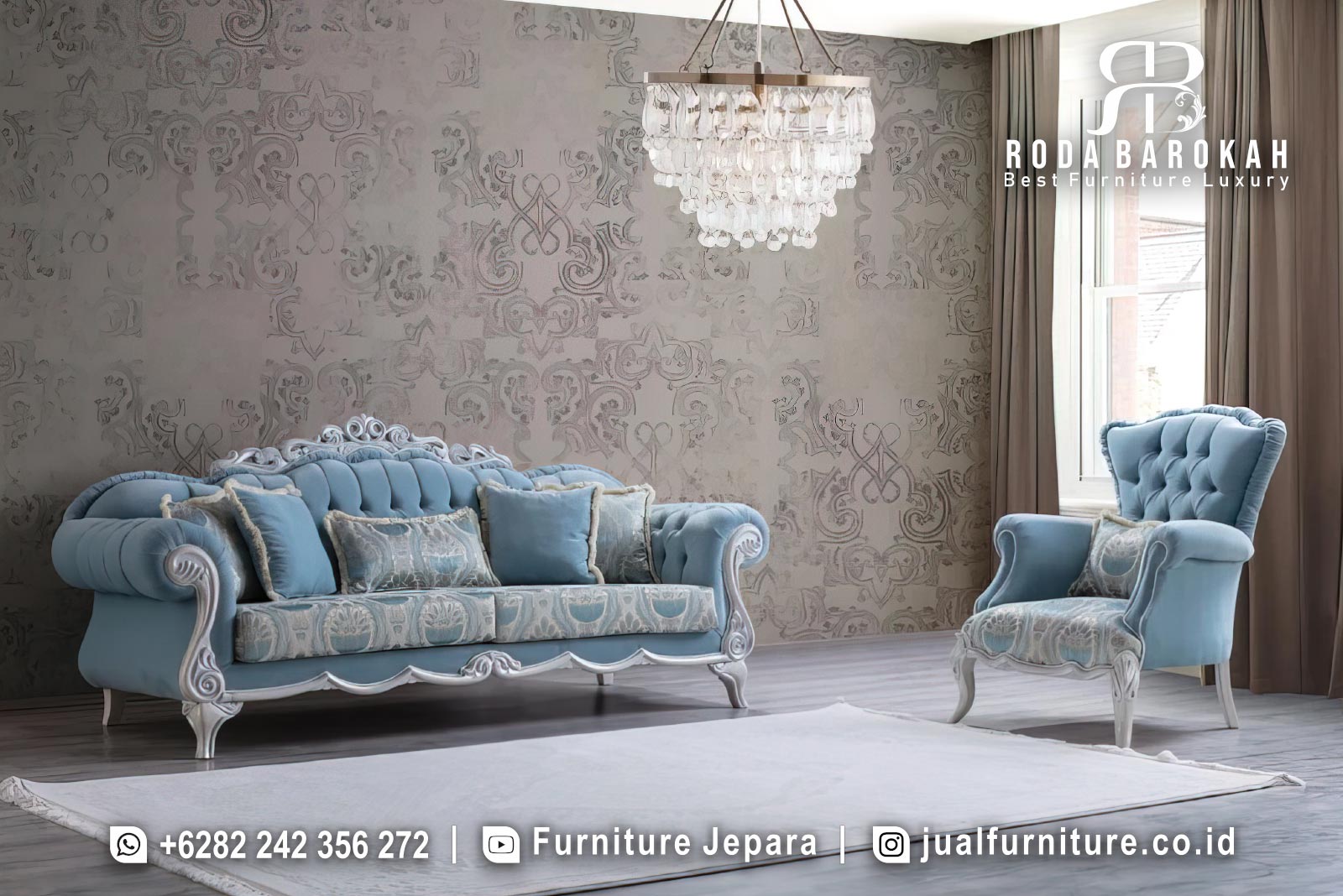Set sofa tamu mewah ukir klasik biru FS1497 lengkap dengan sofa 3 dudukan tufting, single chair wingback, kain beludru biru muda dan motif damask lembut.