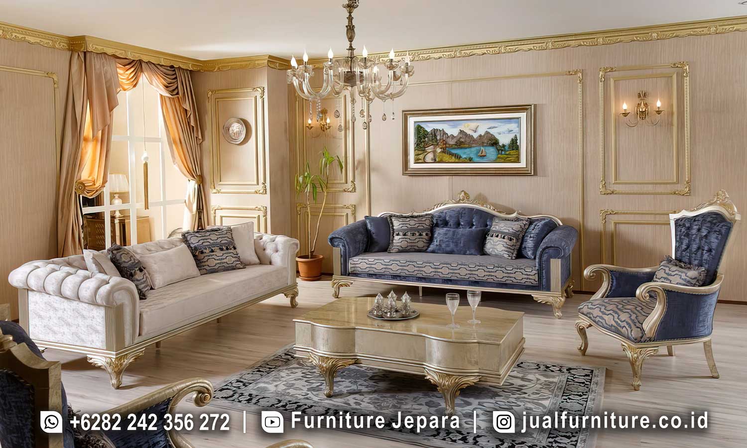 Set sofa ruang tamu mewah kontemporer FS1488 lengkap dengan sofa 3 dudukan krem, sofa 2 dudukan biru navy, single chair, dan meja tamu ukir gold bergelombang.