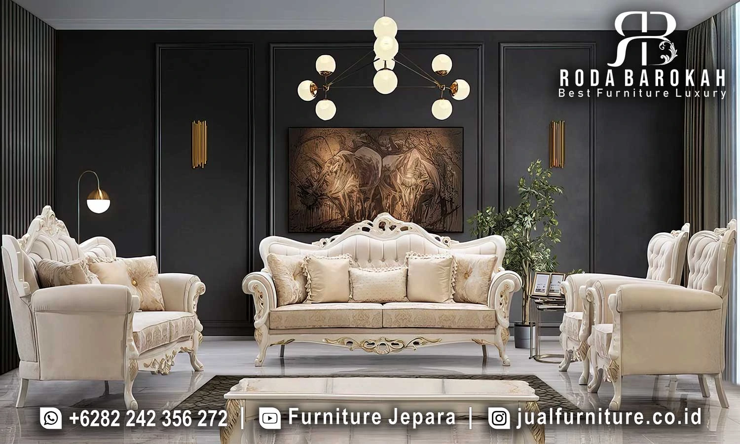 Sofa Tamu Mewah Elegan Kombinasi Warna Gold Cream FS1461