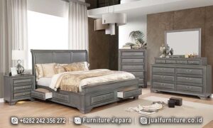 Set tempat tidur mewah grey minimalis FS1465 lengkap dengan ranjang laci storage, nakas 3 laci, chest of drawer 5 laci, dan dresser 9 laci dengan cermin.