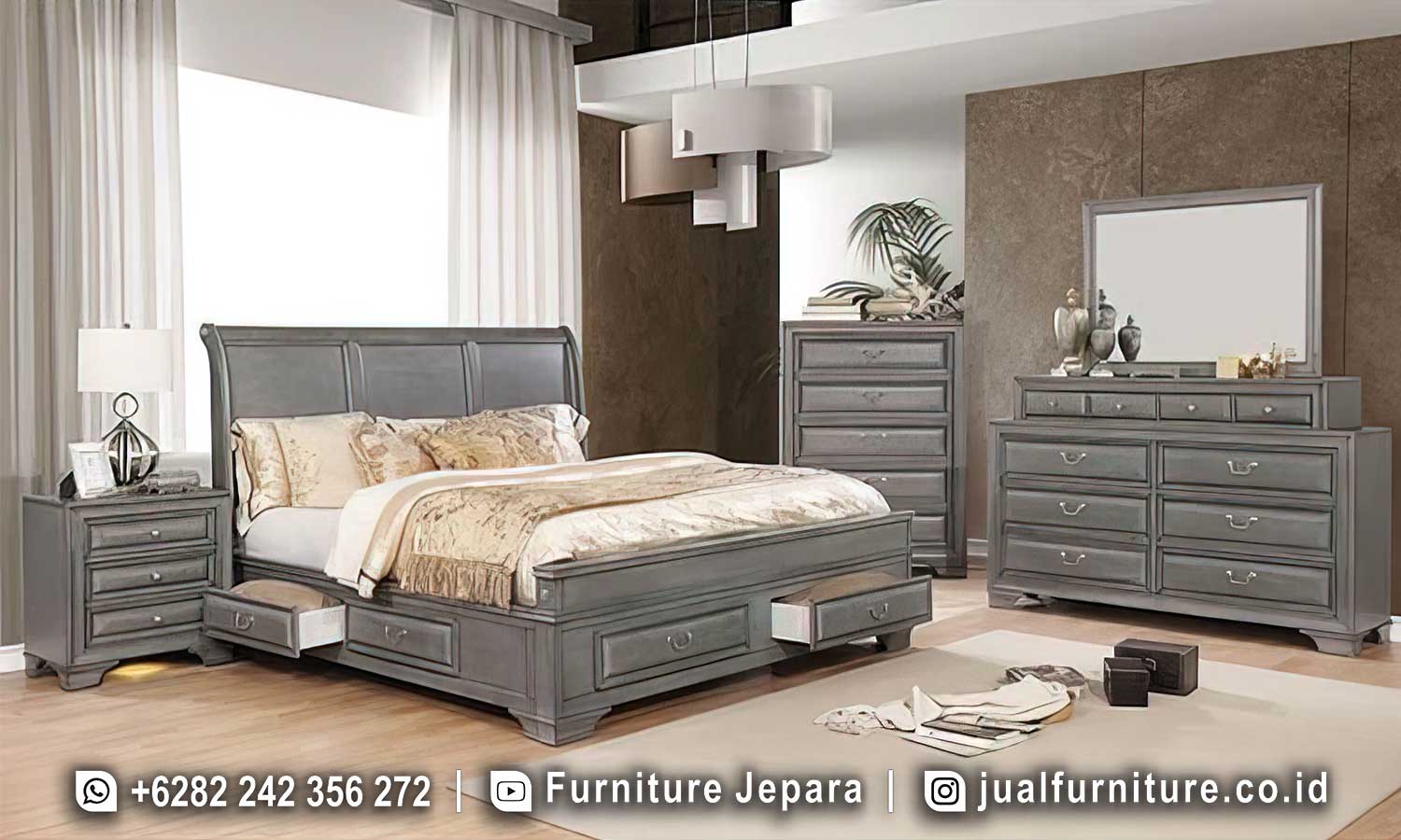 Set tempat tidur mewah grey minimalis FS1465 lengkap dengan ranjang laci storage, nakas 3 laci, chest of drawer 5 laci, dan dresser 9 laci dengan cermin.