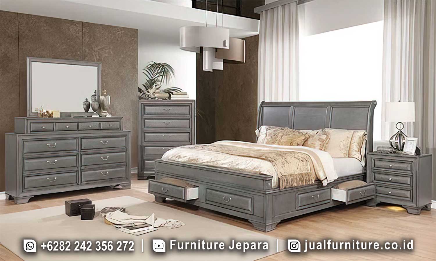 Tempat Tidur Mewah Grey Minimalis Kamar Utama FS1465