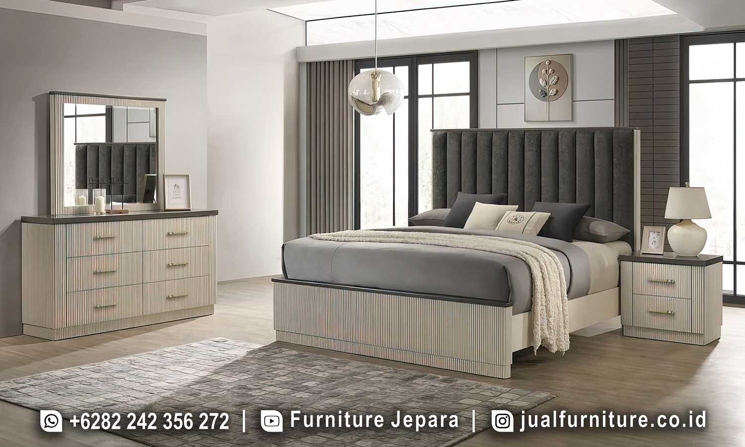 Set tempat tidur mewah kisi-kisi modern FS1479 lengkap dengan ranjang headboard tinggi channel tufting, nakas, dan meja rias kisi-kisi dengan cermin senada.