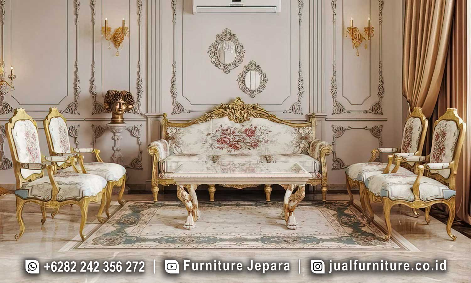 Set sofa tamu mewah klasik motif bunga FS1476 lengkap dengan sofa 2 dudukan sandaran mahkota, empat kursi tunggal berlengan, dan meja tamu ukir bertop marmer kaki gold.